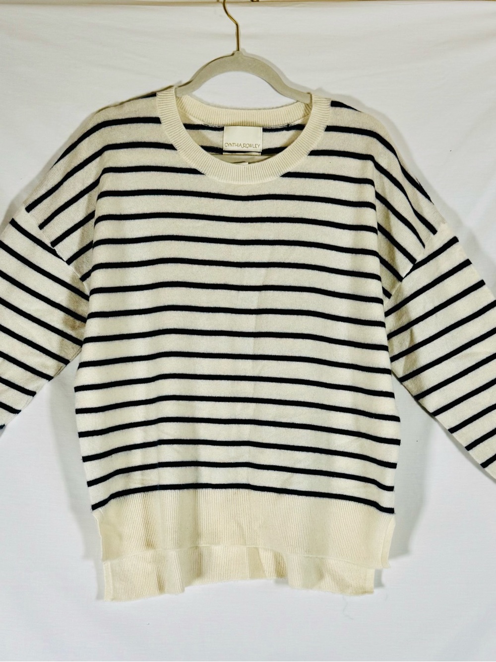 Cynthia Rowley Cream & Navy Striped Crew Cashmere Sweater